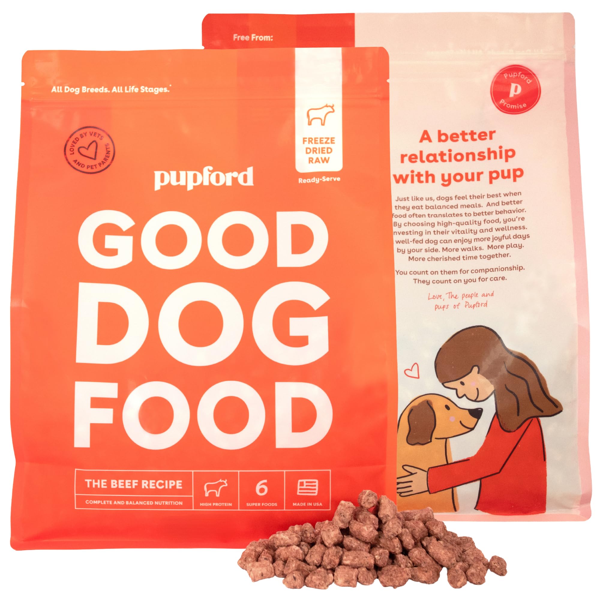 Pupford Good Dog Food freeze-dried beef crisps highlight convenient, high-protein nutrition for active dogs.