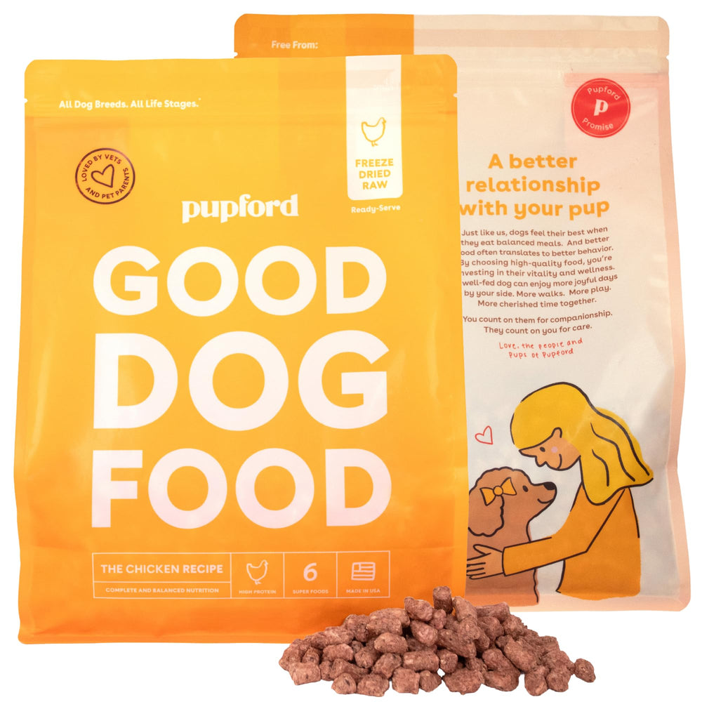 Pupford Good Dog Food freeze-dried chicken bag shows convenient, high-protein nutrition