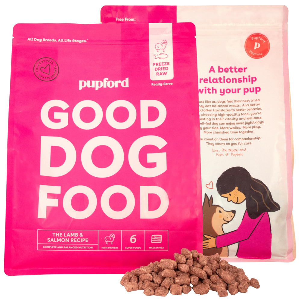 Pupford Good Dog Food freeze-dried raw bag showing lamb and salmon nutrition for active dogs