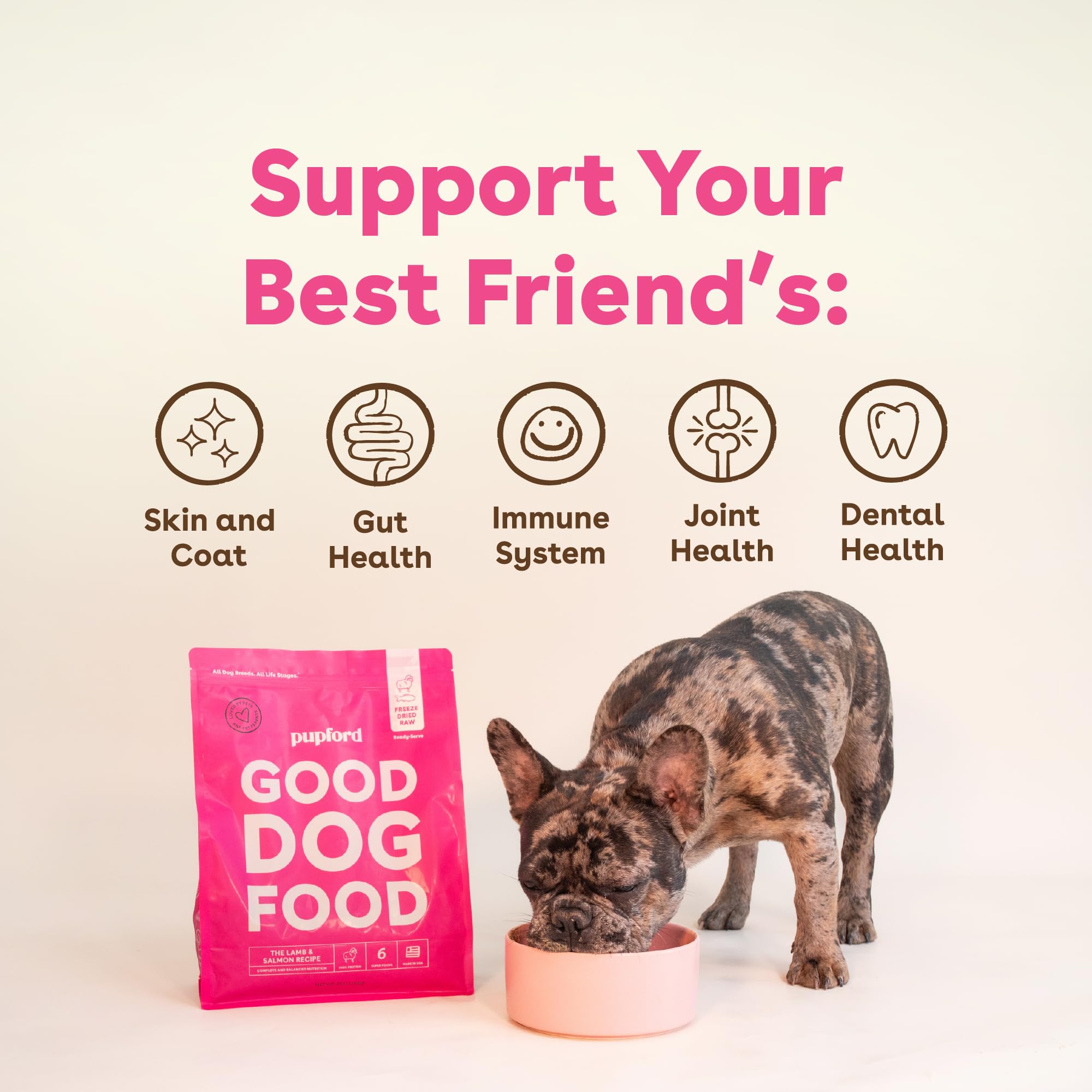 Protein badge on Pupford Good Dog Food emphasize 38% crude protein
