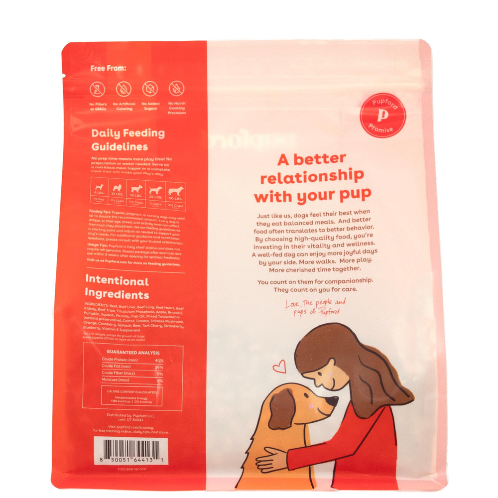 Pupford Good Dog Food resealable bag and label showcase freshness and convenience.