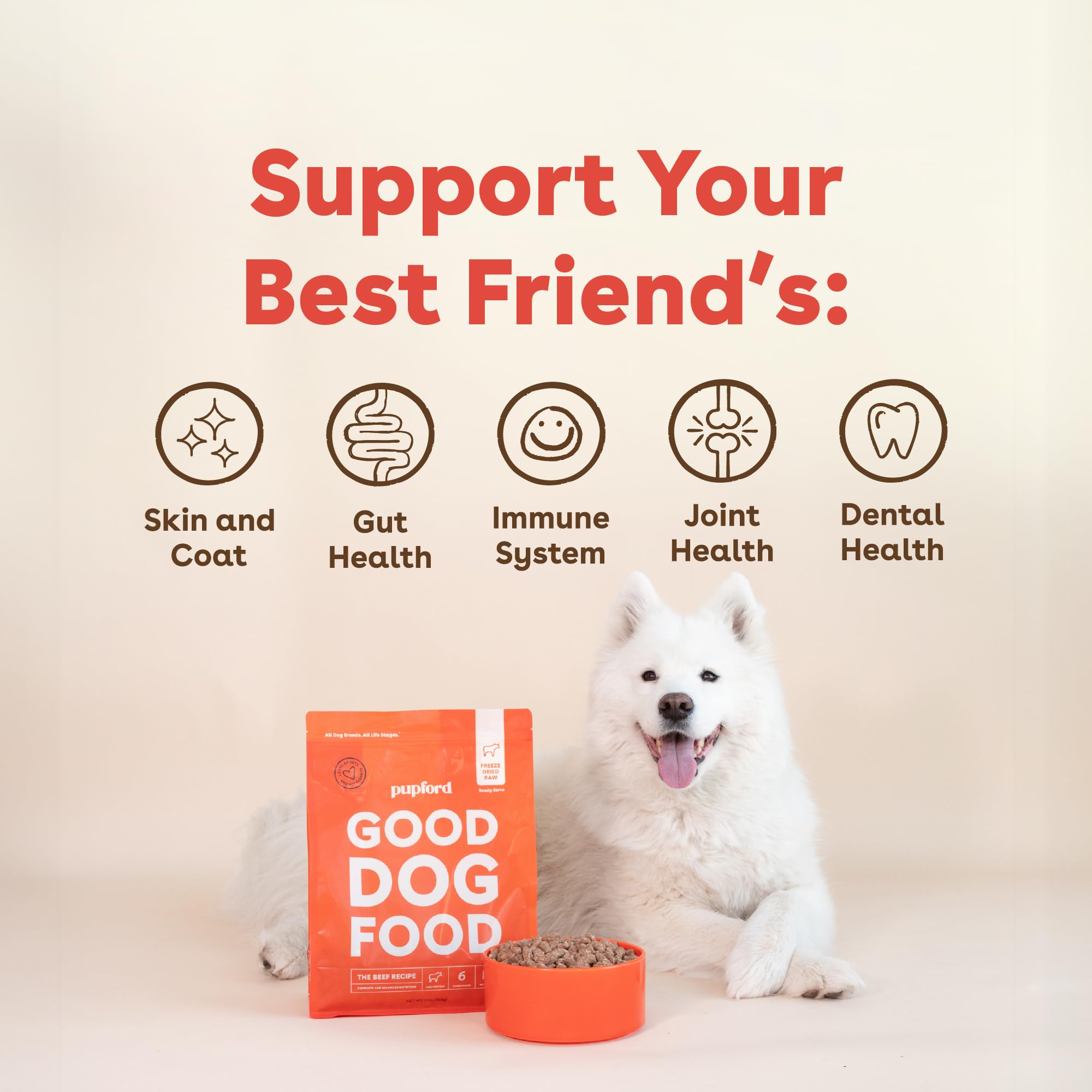 Pupford Good Dog Food superfood ingredients banner emphasizes wholesome, grain-free nutrition.