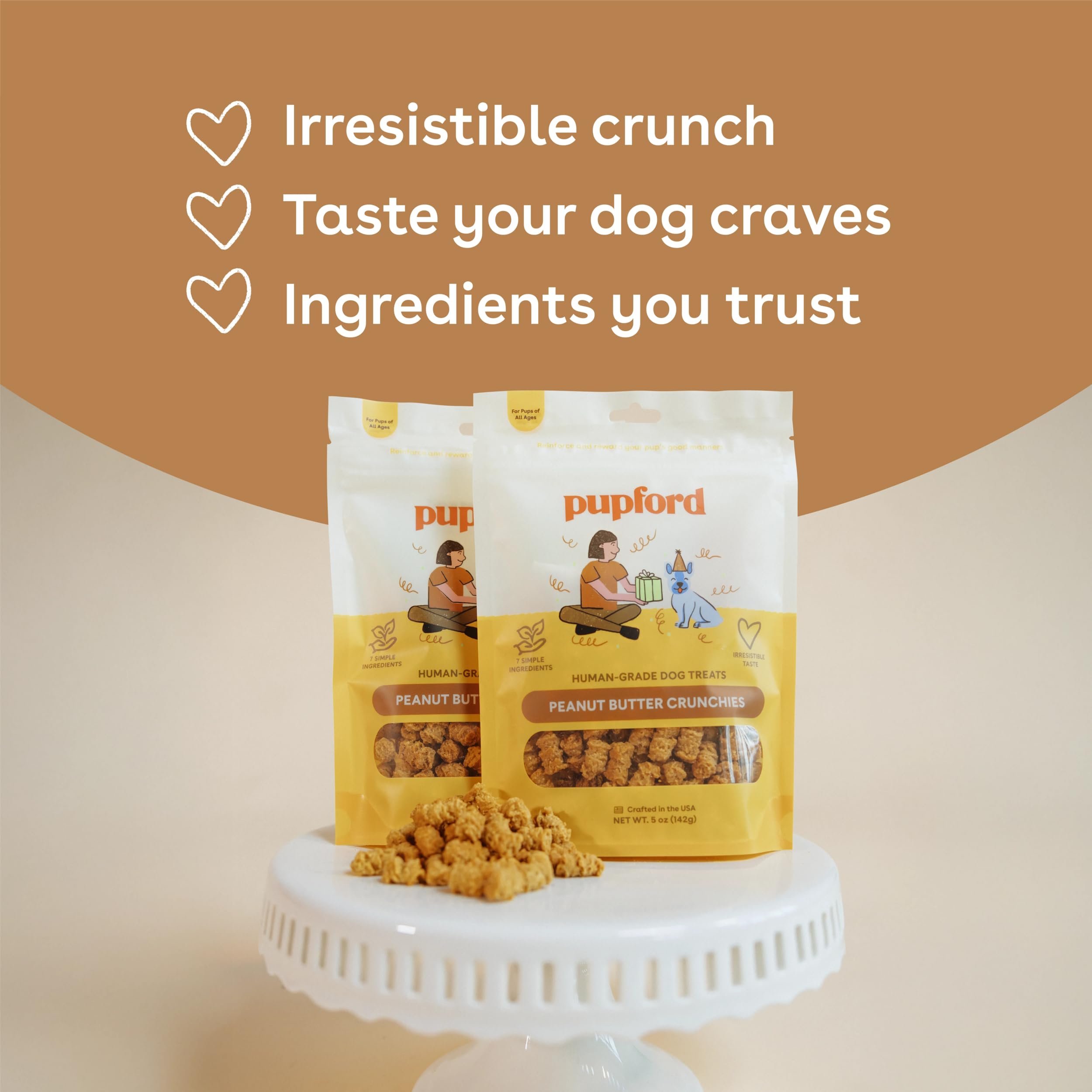 Pupford Peanut Butter Crunchies limited edition 7-year celebration packaging on display.