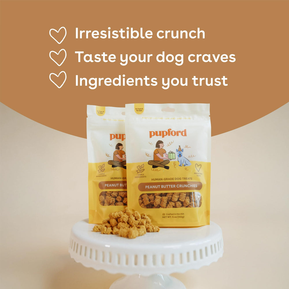 Pupford Peanut Butter Crunchies limited edition 7-year celebration packaging on display.