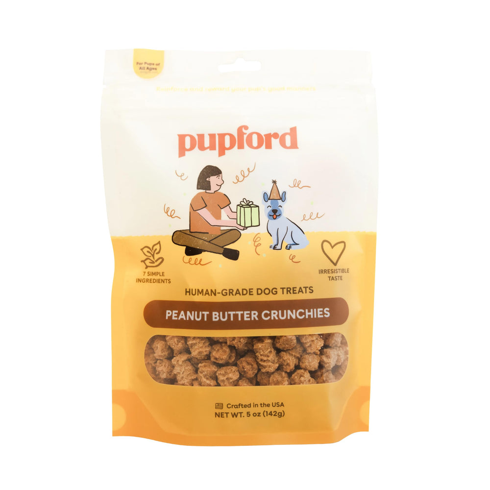 Pupford Peanut Butter Crunchies packaging highlighting natural ingredients and premium quality.