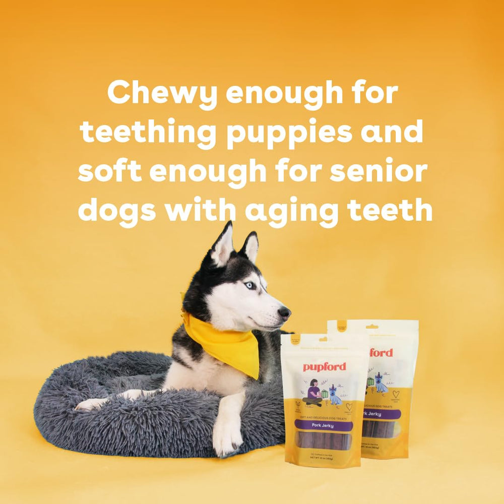 Pupford Pork Jerky puppy and senior friendly bite sizes.