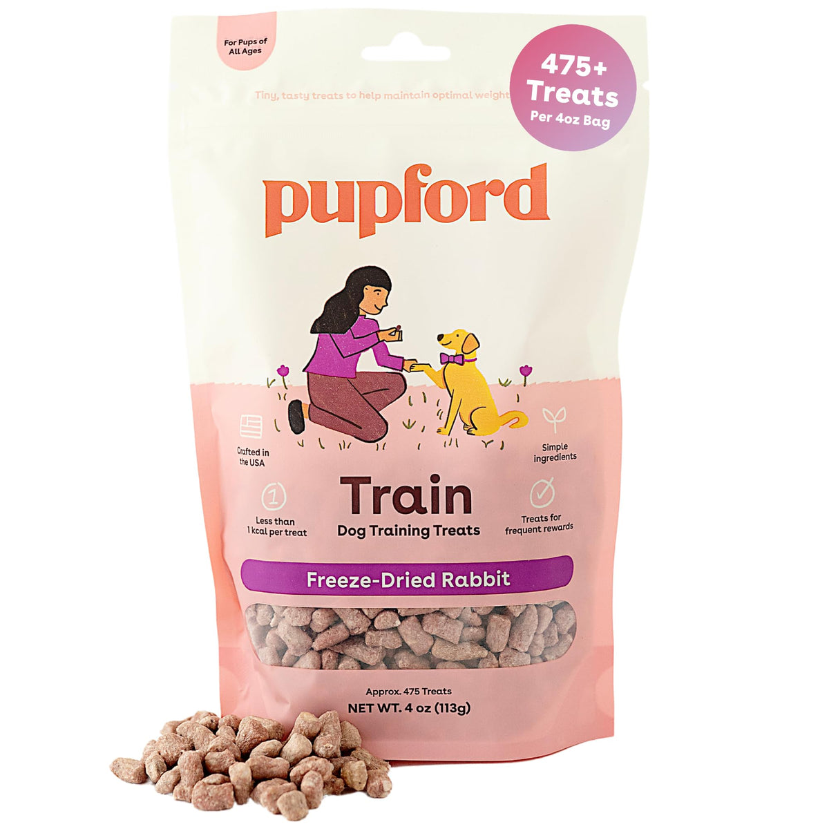 Pupford rabbit bites training treats in a 4 oz bag, ideal for quick rewards.
