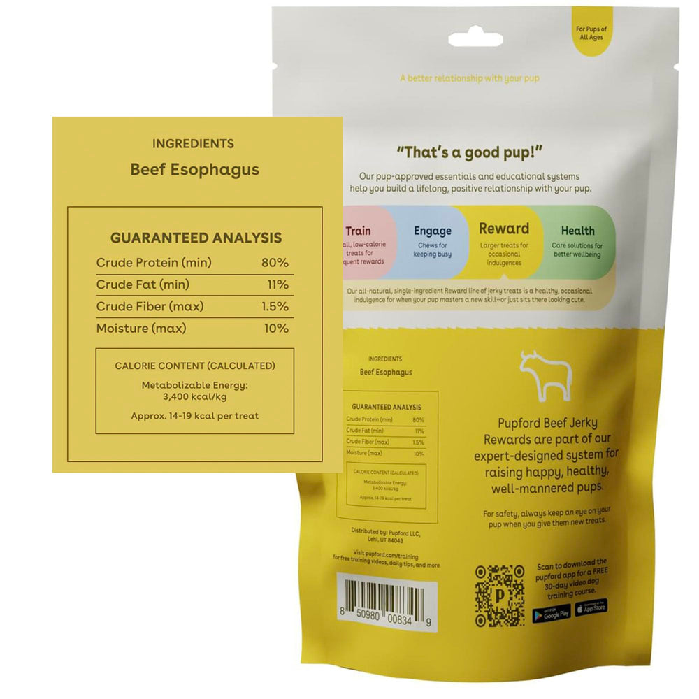 Pupford single-ingredient beef jerky for a simple, natural dog treat.