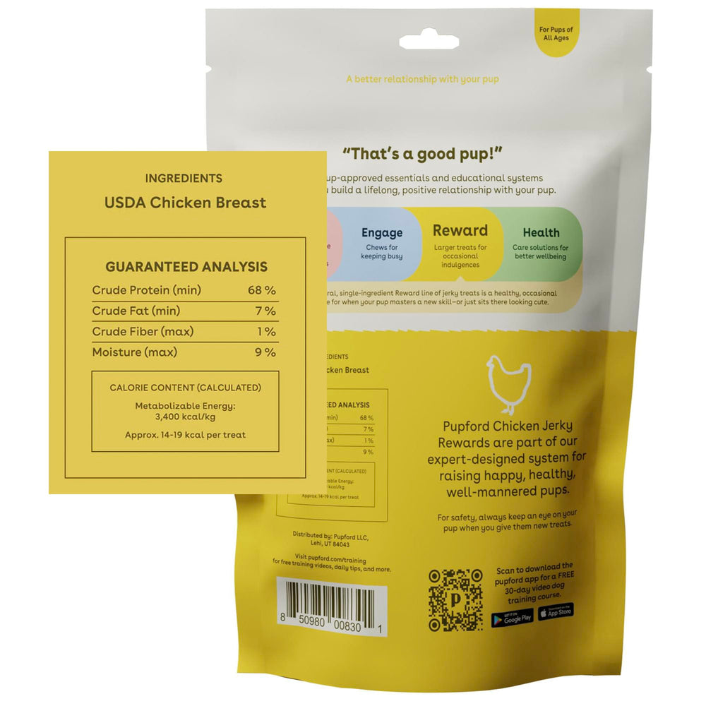 Pupford single-ingredient chicken jerky, simple snack for dogs.