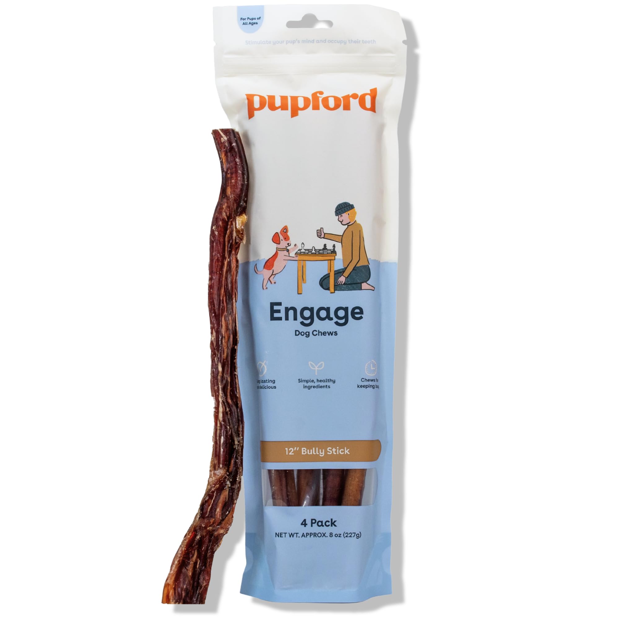 Pupford Thick Bully Sticks 12-inch with smoked odor control for a cleaner chew.