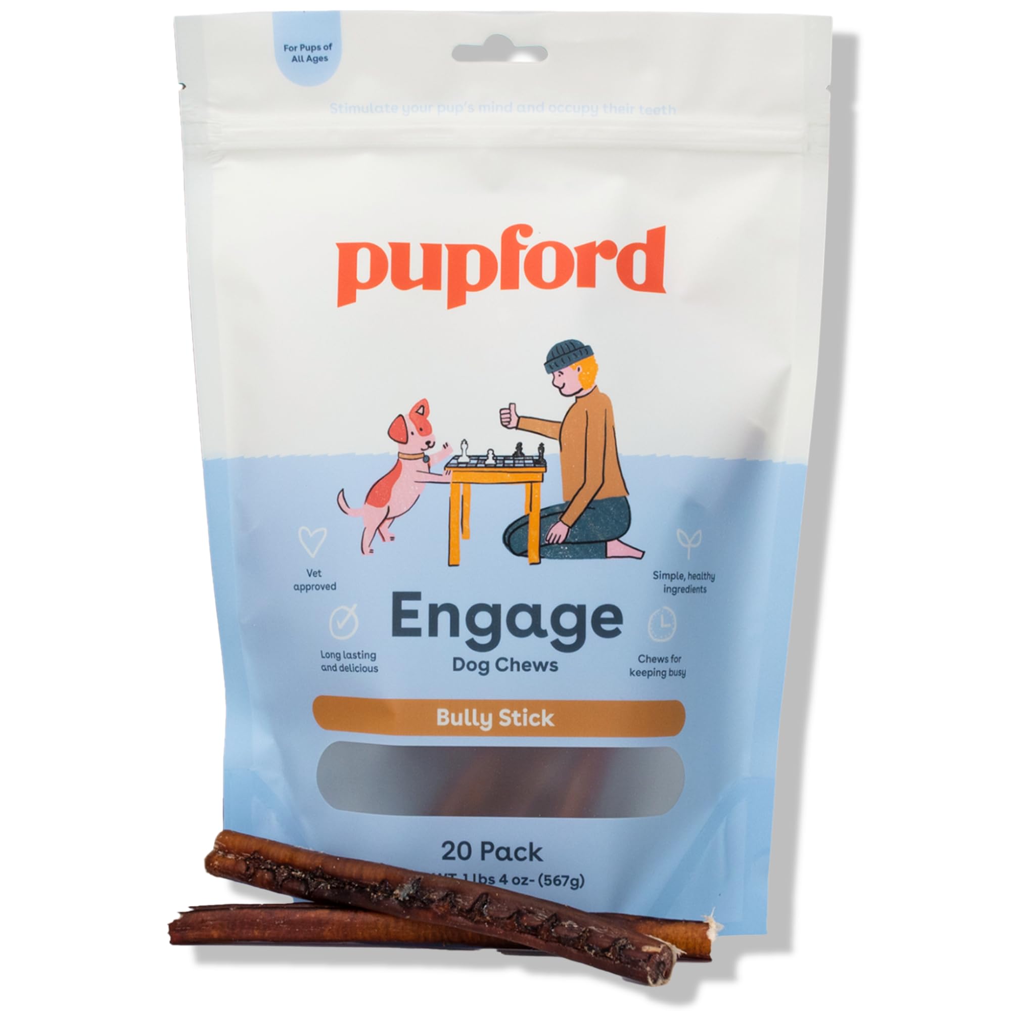 Pupford thick bully sticks 6in bag, ideal long-lasting chew for dogs.