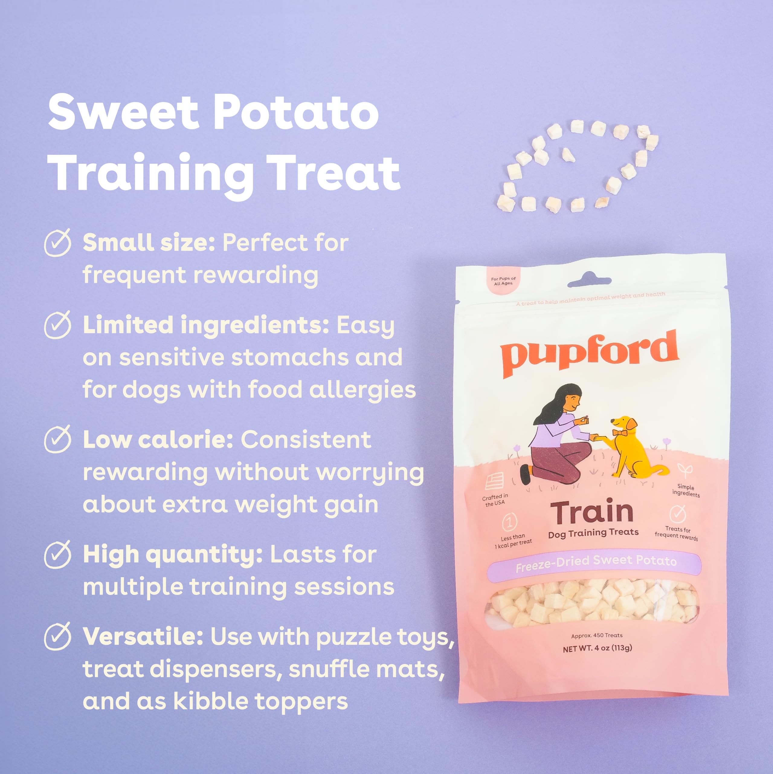 Close-up of small bite-sized Pupford training treats for quick rewards.