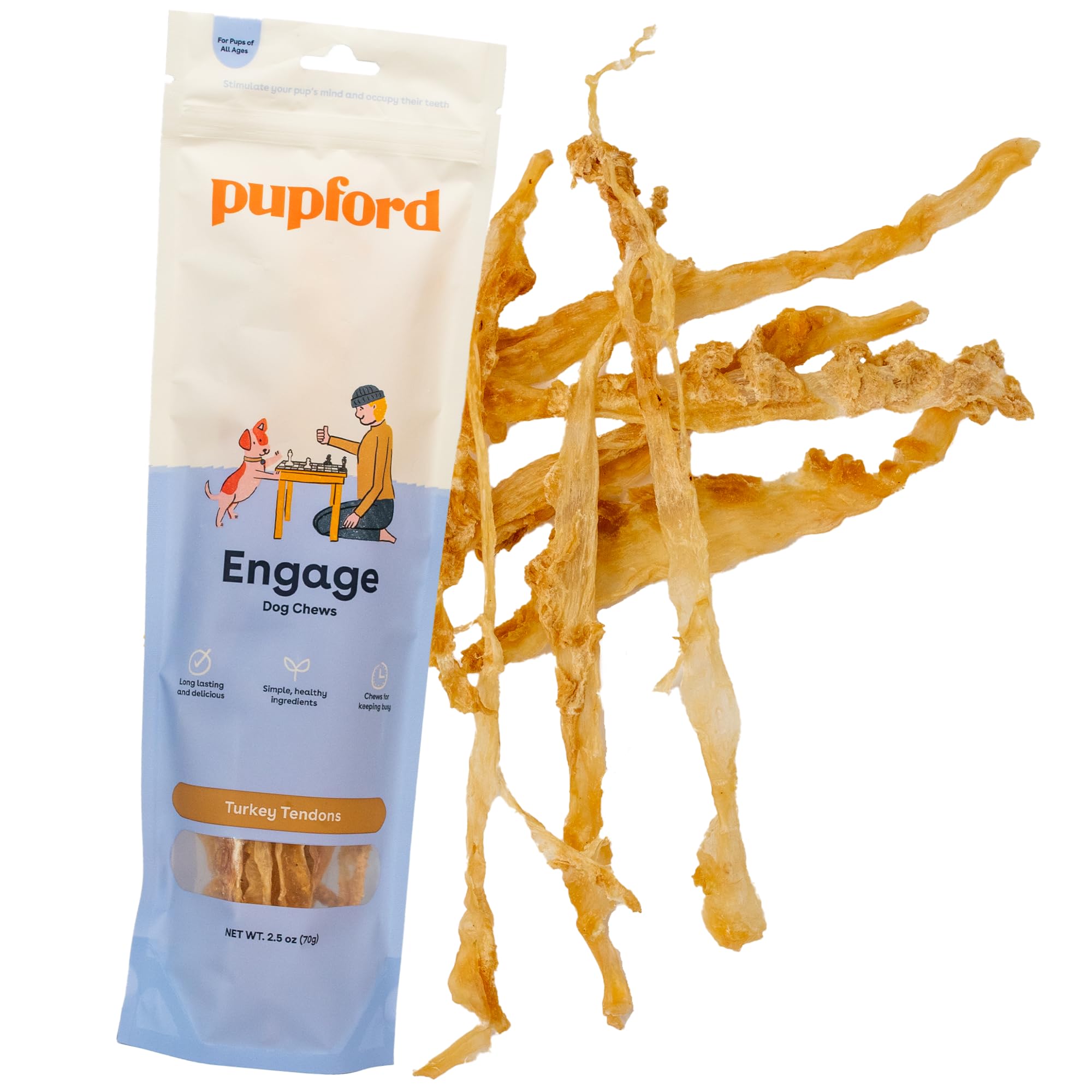 Pupford Turkey Tendon Dog Treats packaging shows single-ingredient protein for lean muscle support.