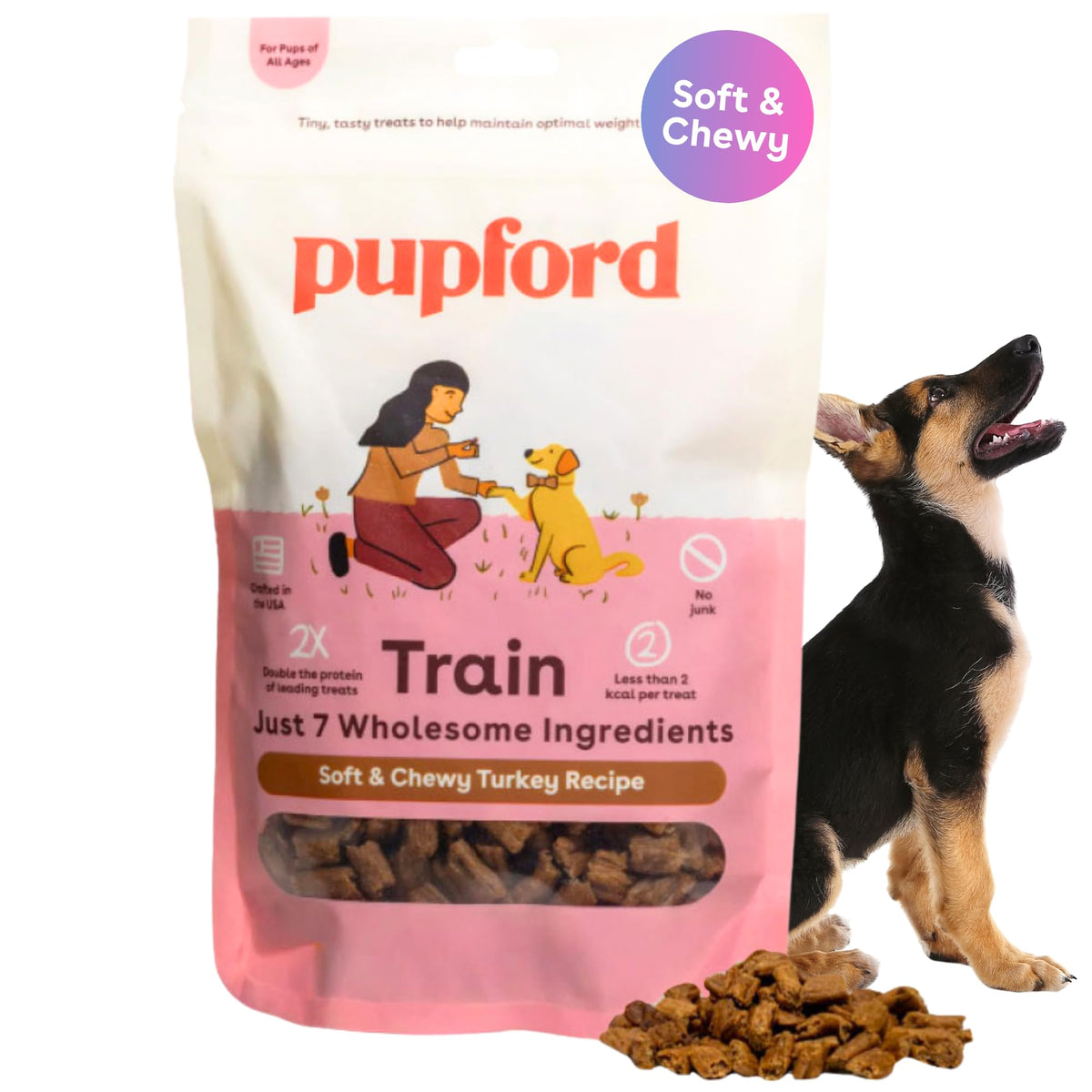 Pupford turkey training treats packaging shows USA-made quality and simple ingredients.
