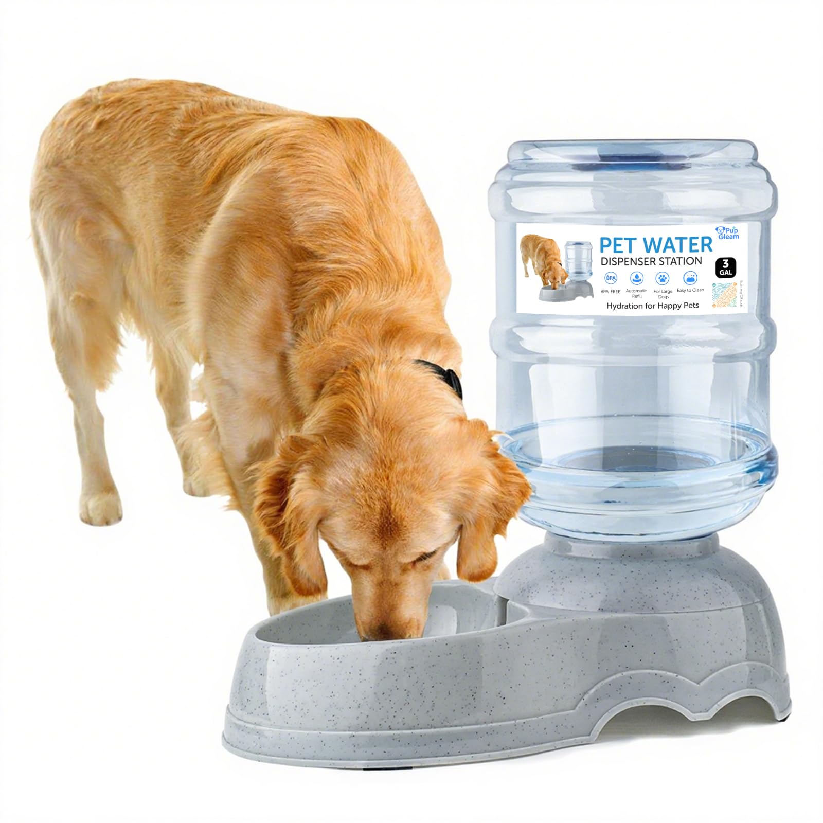 PupGleam 3-Gallon Water Dispenser capacity for large dogs.
