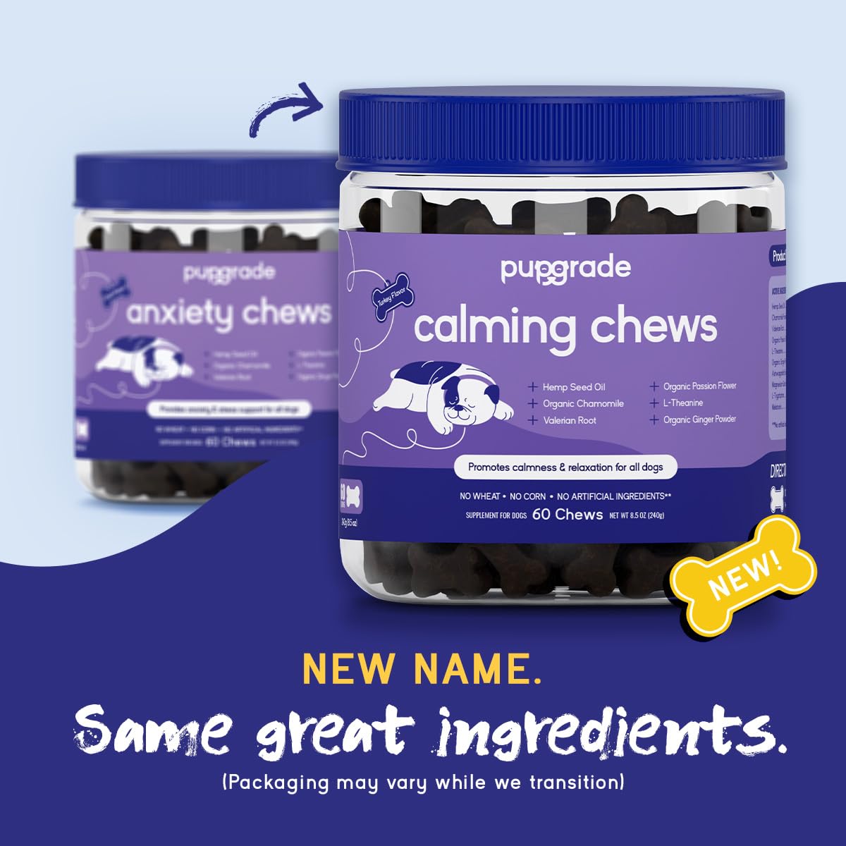 Front packaging of PupGrade Calming Soft Chews highlighting brand commitment.