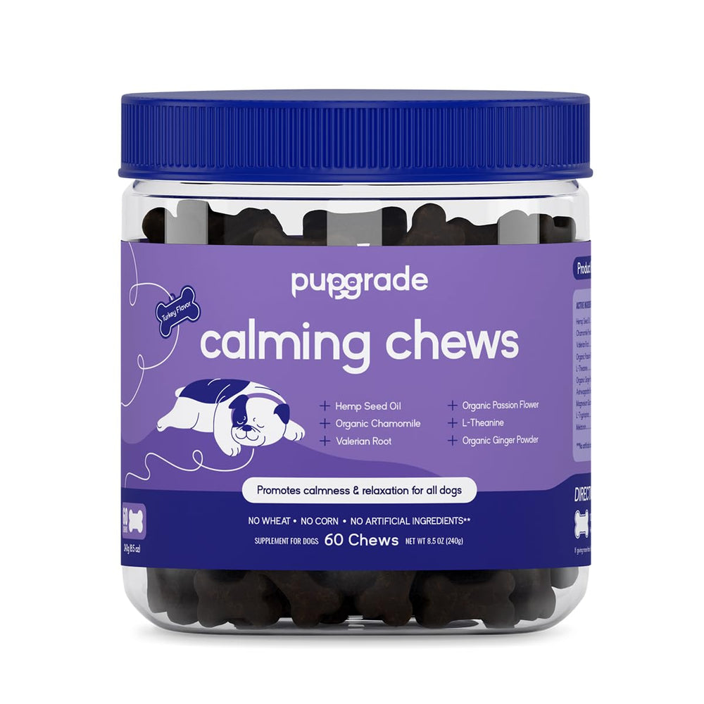 PupGrade Calming Soft Chews bottle shows convenient daily stress support.
