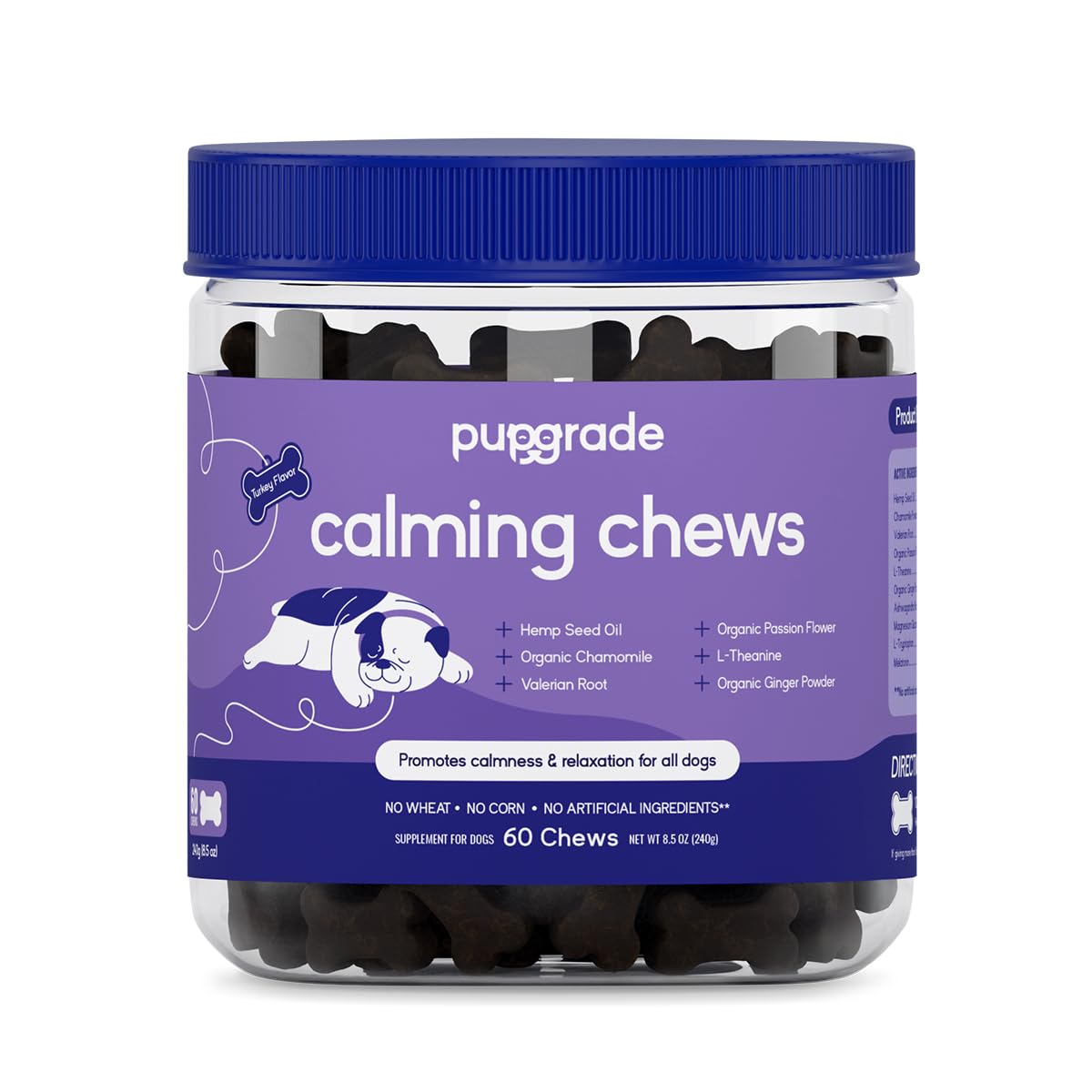 PupGrade Calming Soft Chews bottle shows convenient daily stress support.