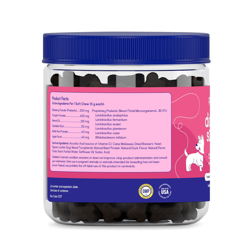 PupGrade Digestive Support chews close-up with pumpkin and blueberry ingredients.