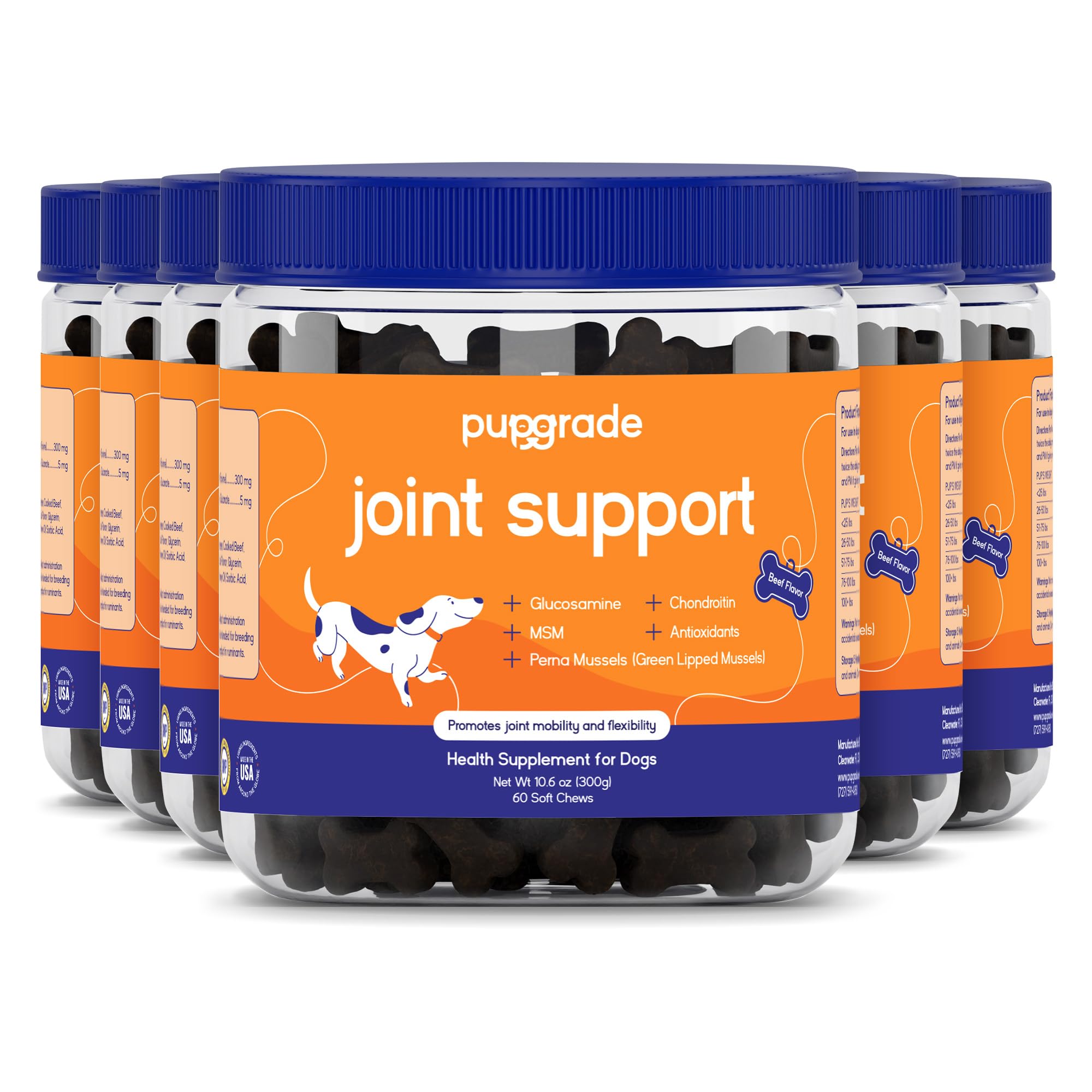 PupGrade joint-support soft chews bottle, 360-count, for daily canine mobility.