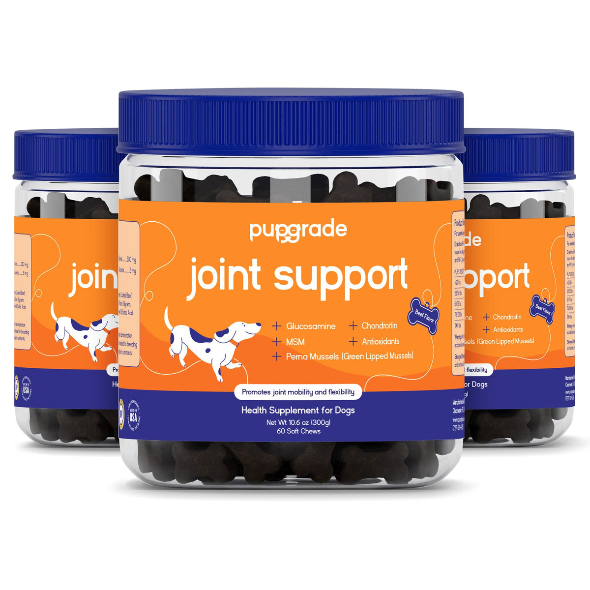 PupGrade joint support soft chews bottle ready for daily supplementation.