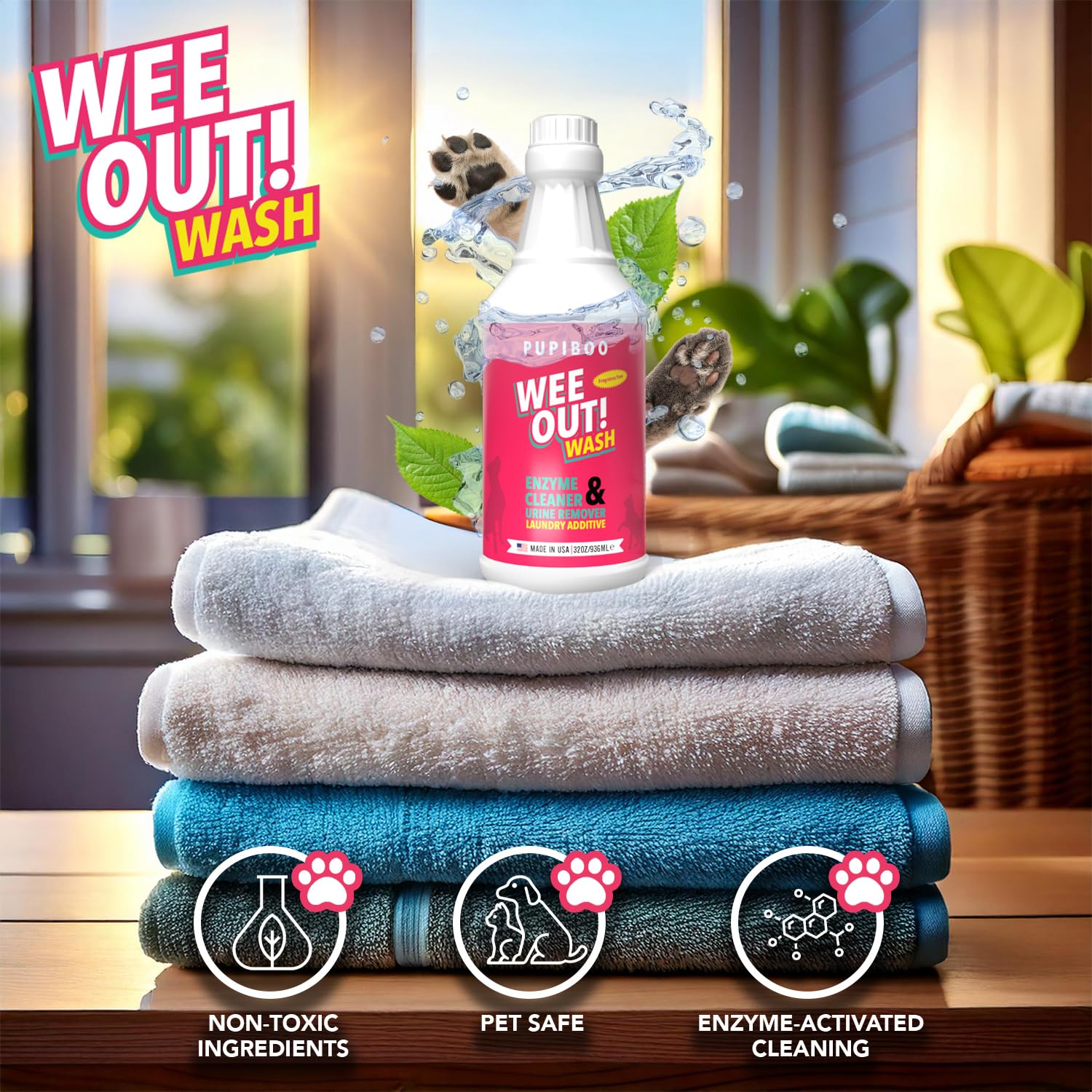 PUPIBOO Wee Out Wash freshens bedding and blankets with enzyme cleaning.