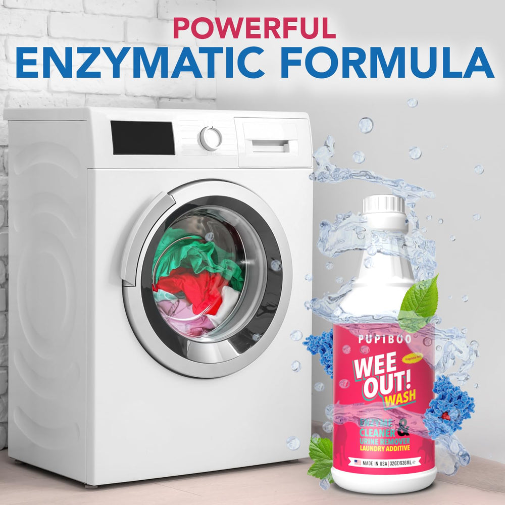 PUPIBOO Wee Out Wash enzyme action shown on fabric stain targets.