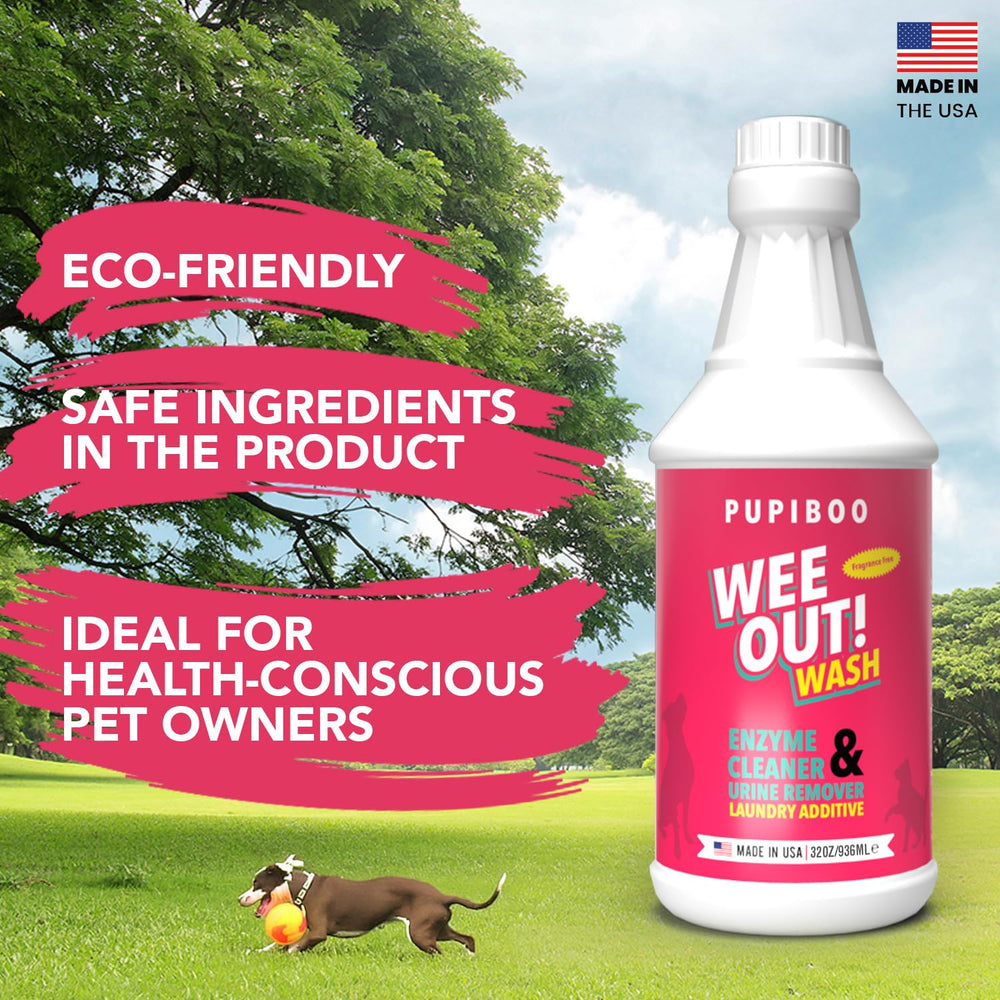 PUPIBOO Wee Out Wash enzyme-powered formula protects fabrics during washing.