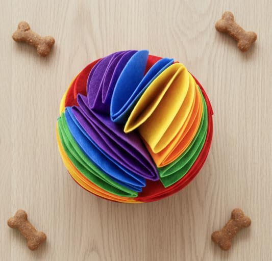 PUPIO Premium Felt Forager Ball showing treats hidden for scent-based discovery and engagement.