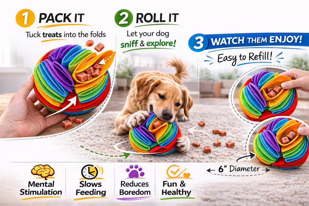 PUPIO Premium Felt Forager Ball provides indoor entertainment that helps redirect boredom.
