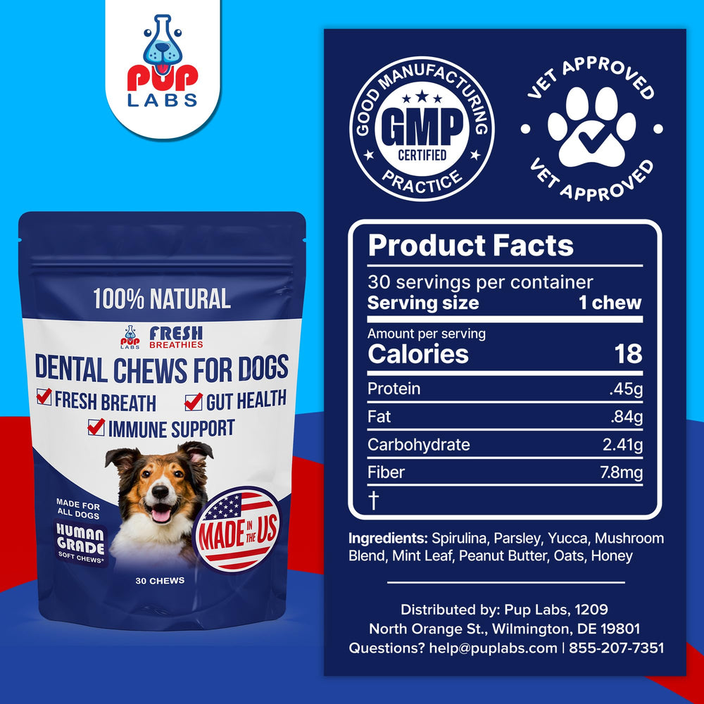 Pup Labs Fresh Breathies dog enjoying treat demonstrates palatability and ease of use