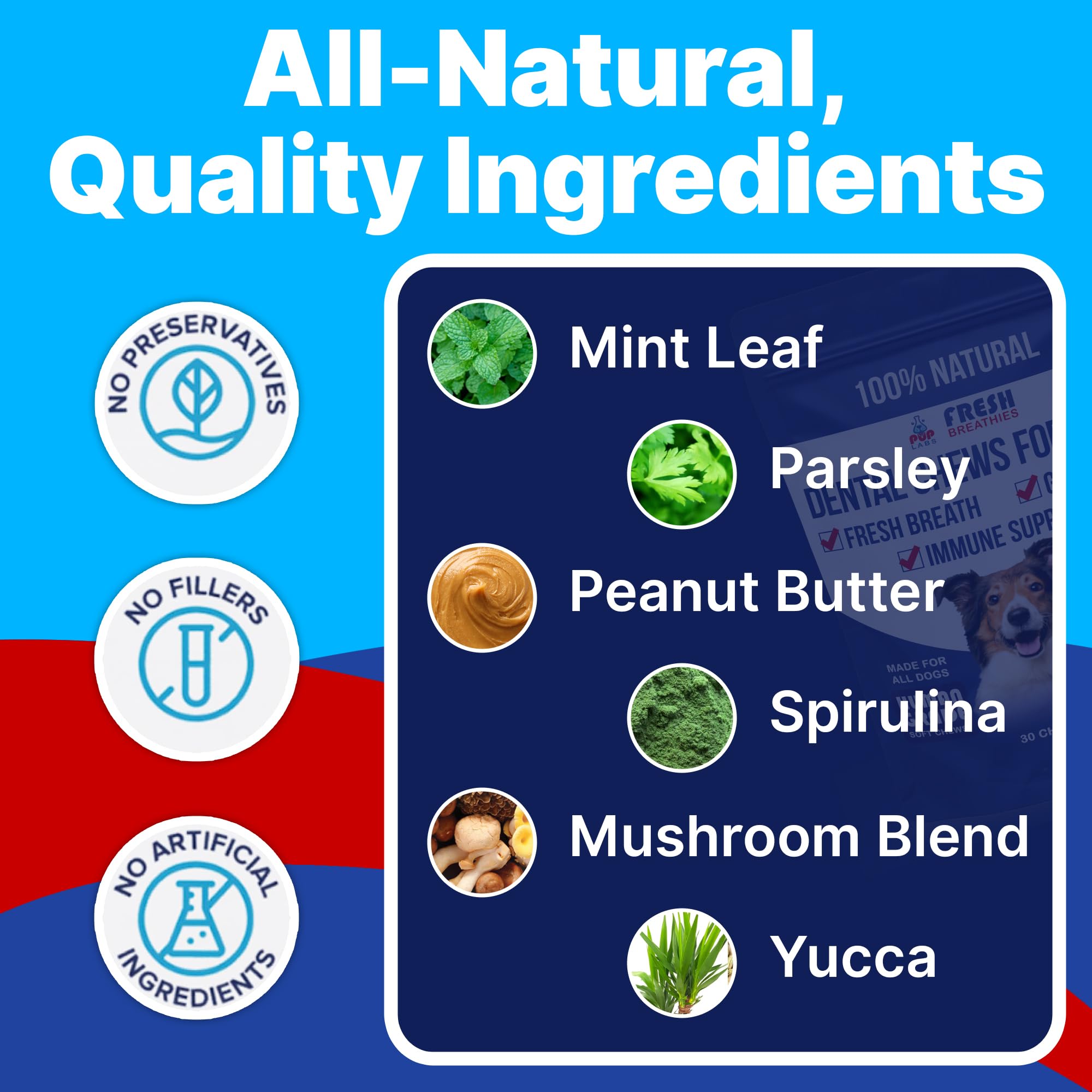 Pup Labs Fresh Breathies visual highlights spirulina for gut health and better breath