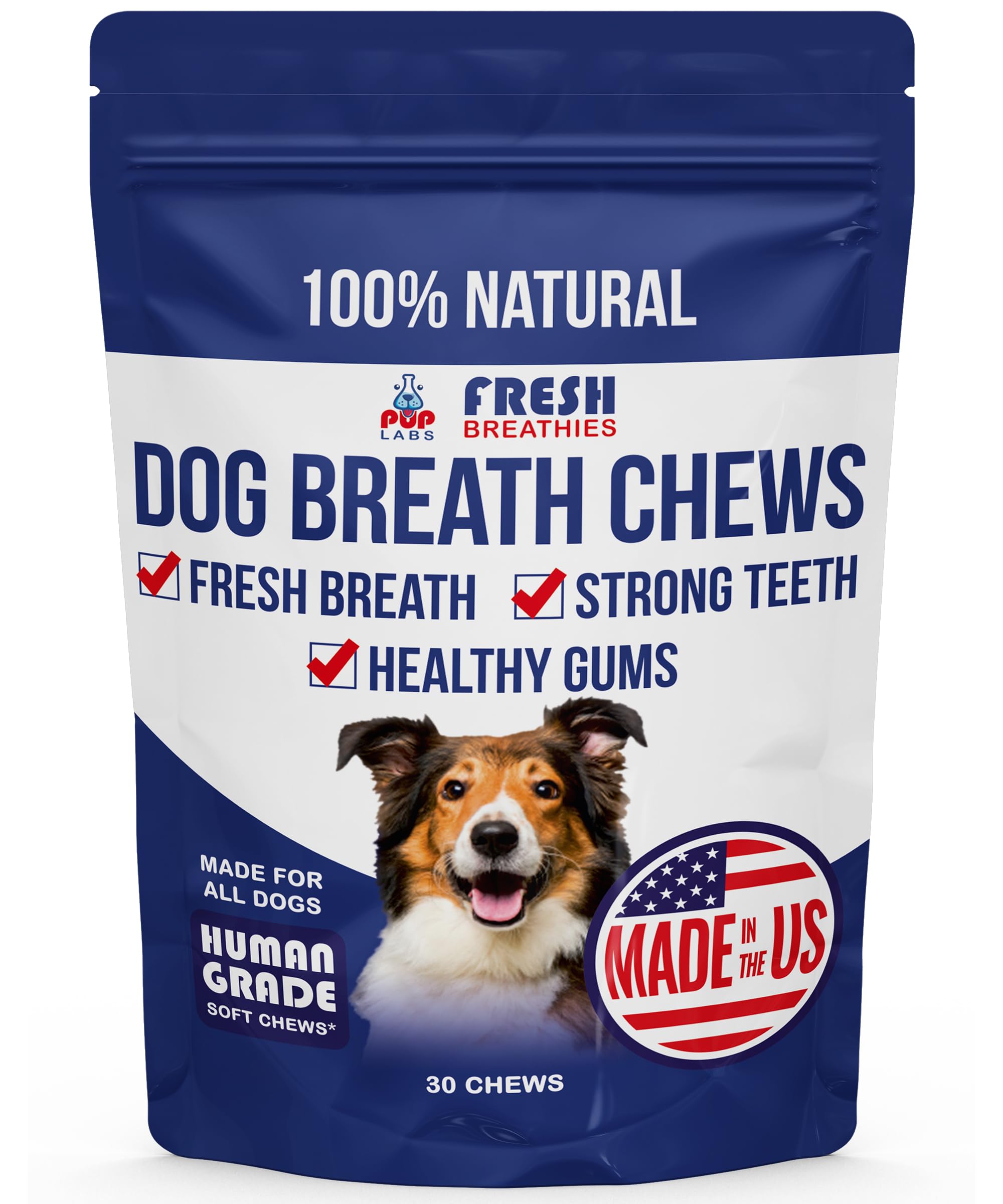 Pup Labs Fresh Breathies packaging showcases brand and product name for chews that fight bad breath