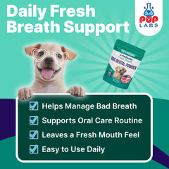 Pup Labs ProDenta dog powder scoop shows easy dosing for small and large dogs.