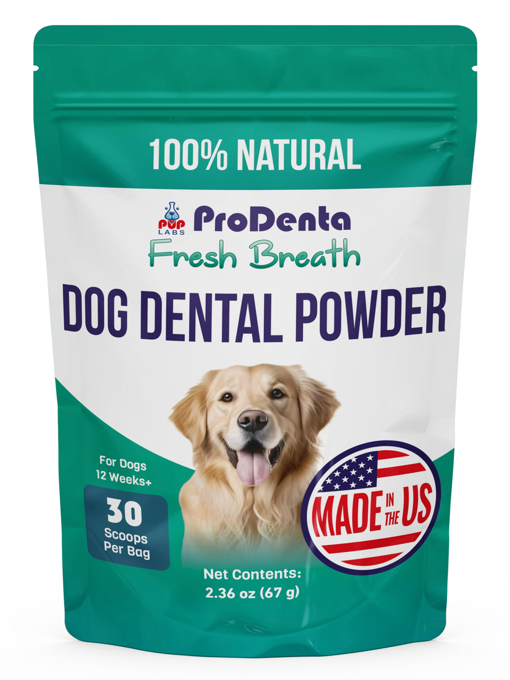 Pup Labs ProDenta packaging on display highlights all-natural dog breath support.
