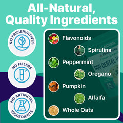 Pup Labs ProDenta powder poured into a dog's food bowl for meal-time use.