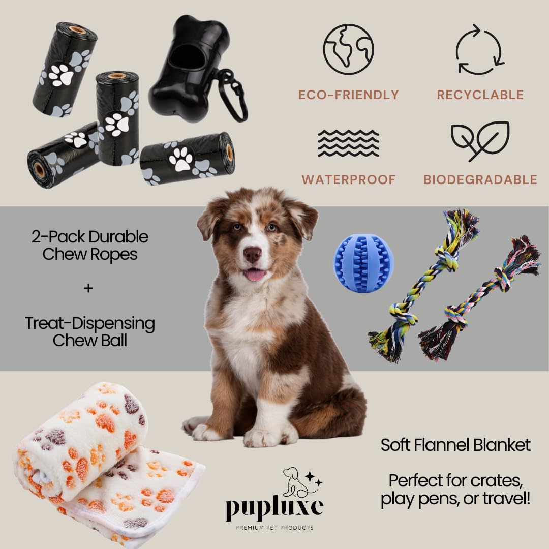 PupLuxe Hygiene and cleaning set with towel and brush for grooming.