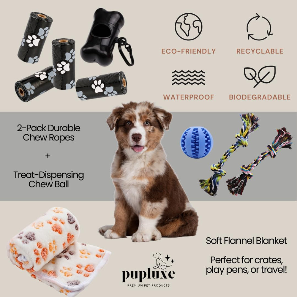 PupLuxe Hygiene and cleaning set with towel and brush for grooming.