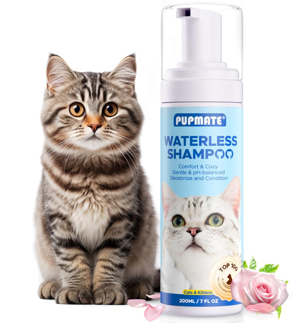 PUPMATE Cat Waterless Shampoo bottle shown for quick no-rinse grooming between baths.
