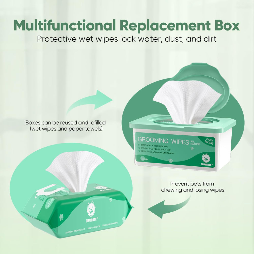 Moisture-sealed PUPMATE box protecting wipes from dust and light.