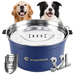 Puppalace no-spill stainless steel water bowl with blue finish prevents indoor spills.