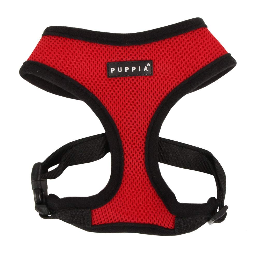 Puppia authentic soft dog harness in red, medium, designed for daily comfort on adventures.