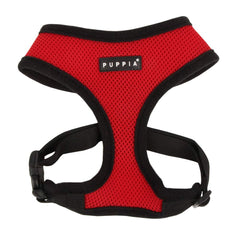 Puppia authentic soft dog harness in red, medium, designed for daily comfort on adventures.