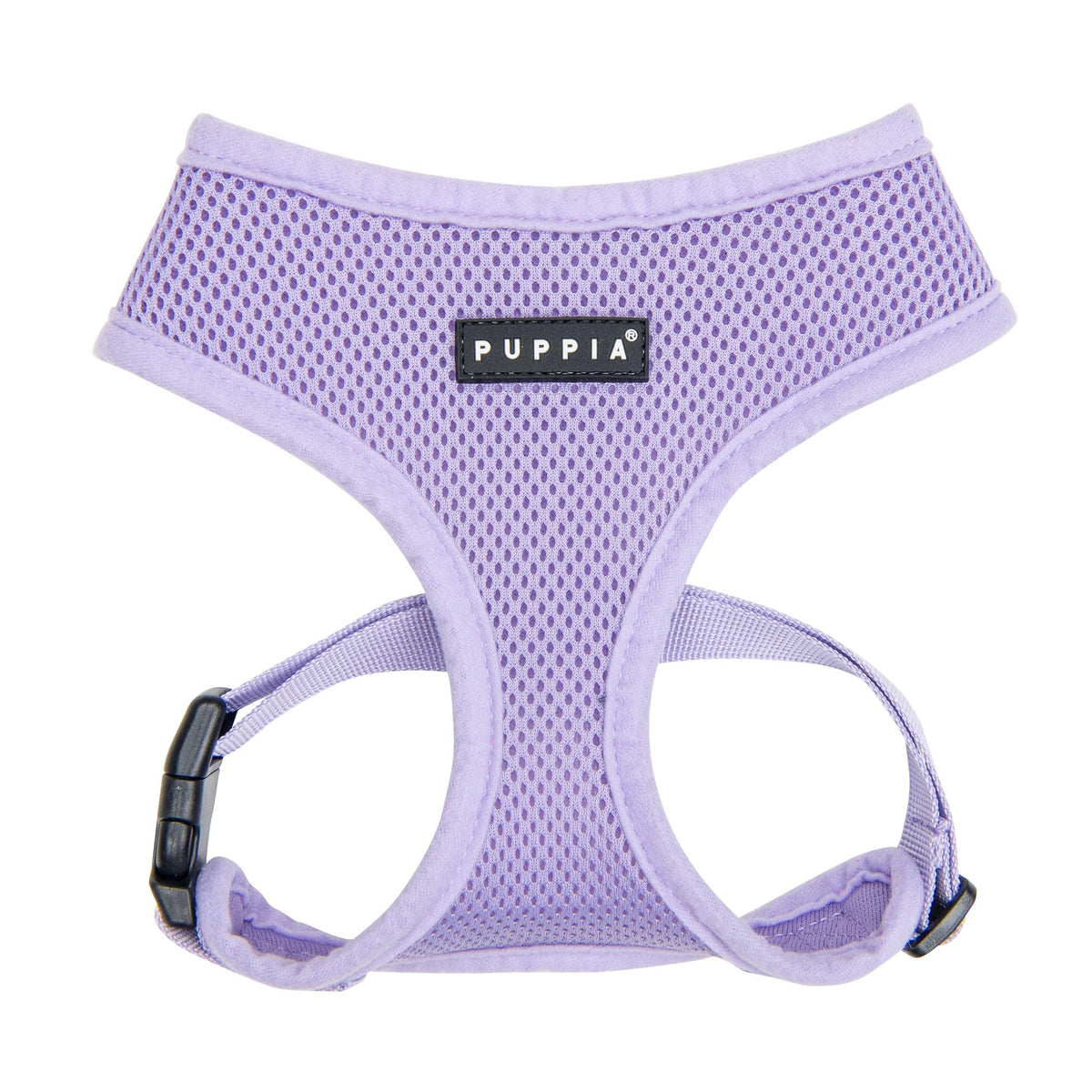 Puppia Soft Harness close-up shows breathable mesh for gentle skin contact.