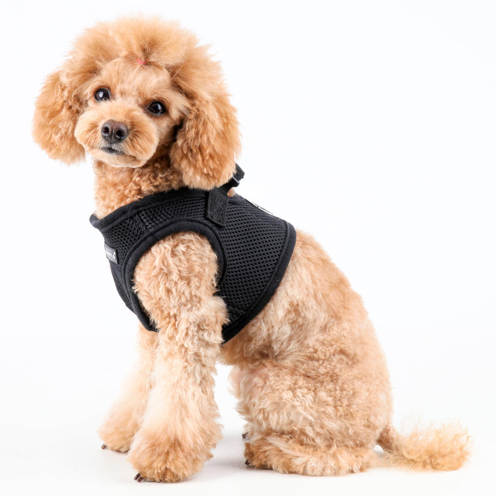 Puppia Soft Vest Harness in black, size chart image for accurate fit.