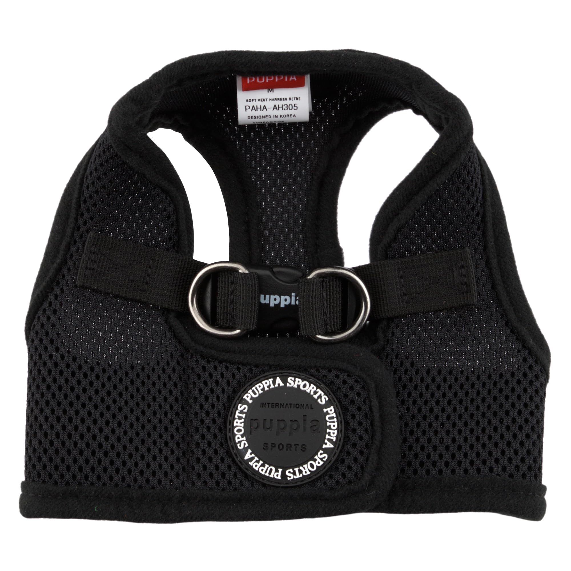 Puppia Soft Vest Harness in black, side view, step-in design.