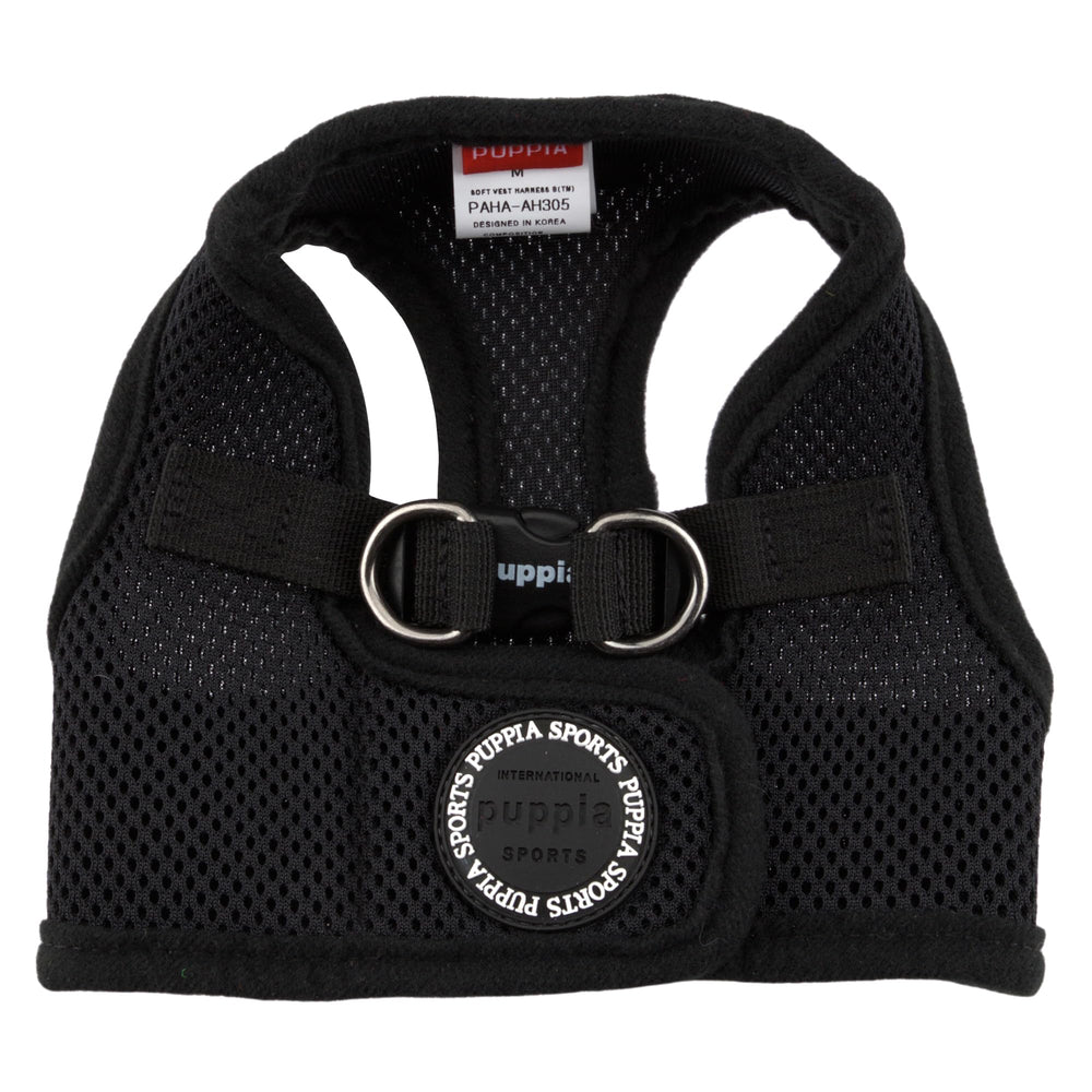 Puppia Soft Vest Harness in black, side view, step-in design.