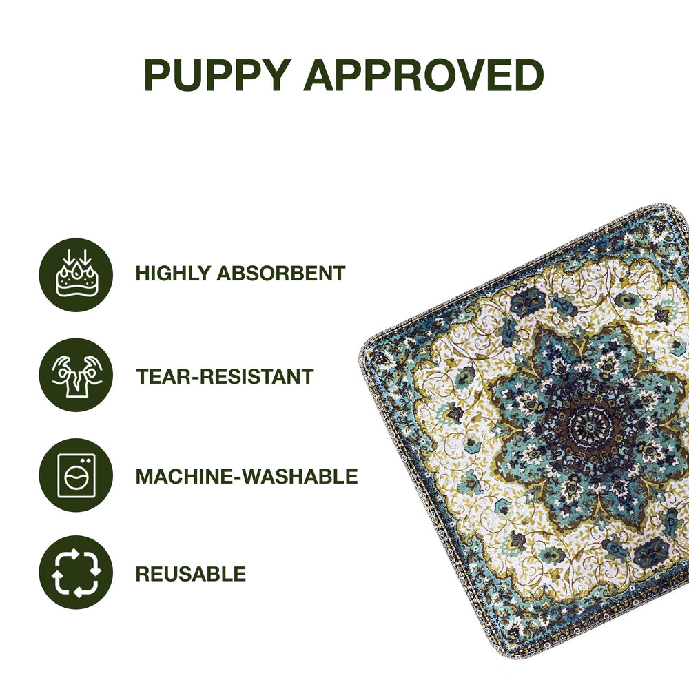 PUPIBOO pad with non-slip backing stays in place on floors during use.