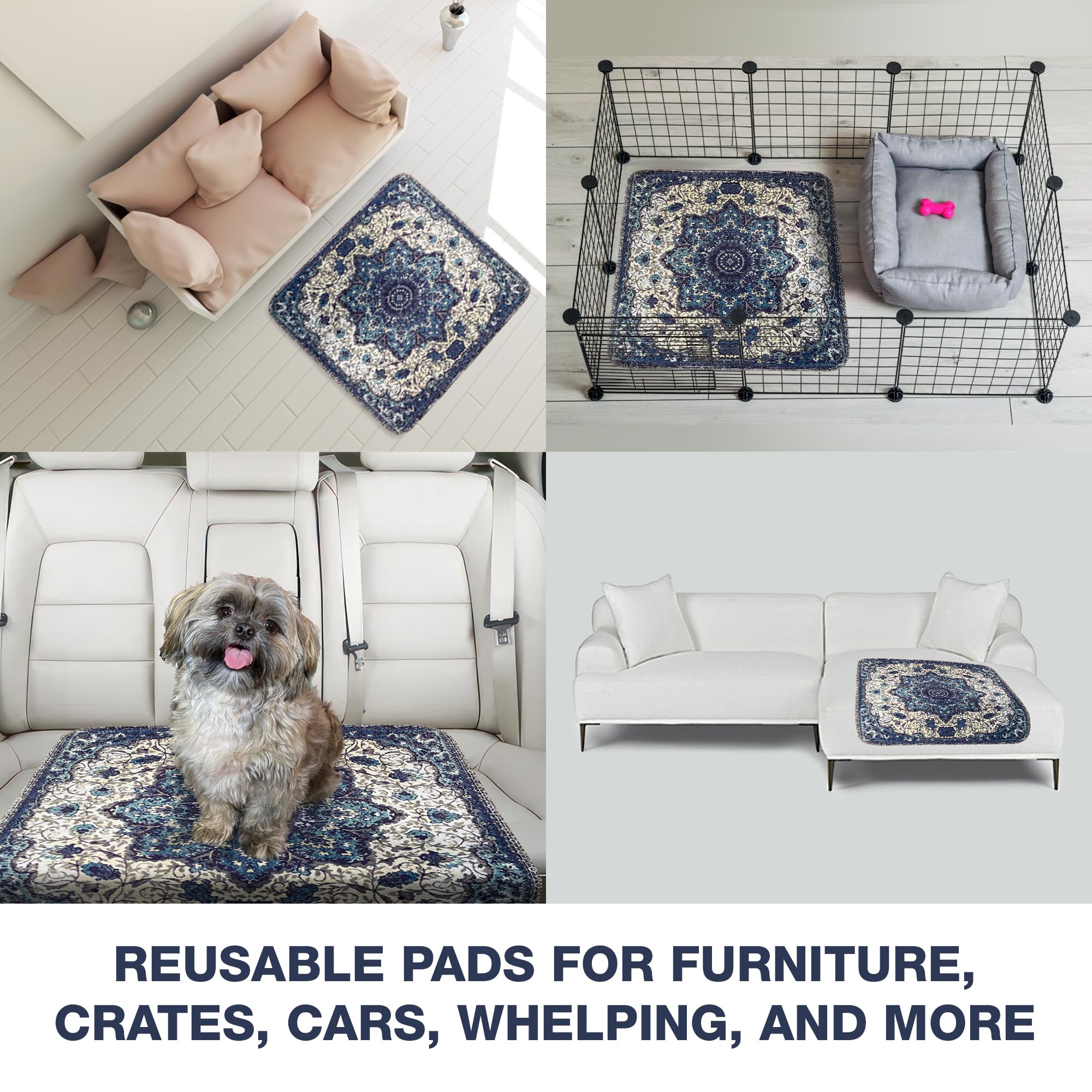 In-use scene with a puppy showing reusable cleanliness, easy maintenance