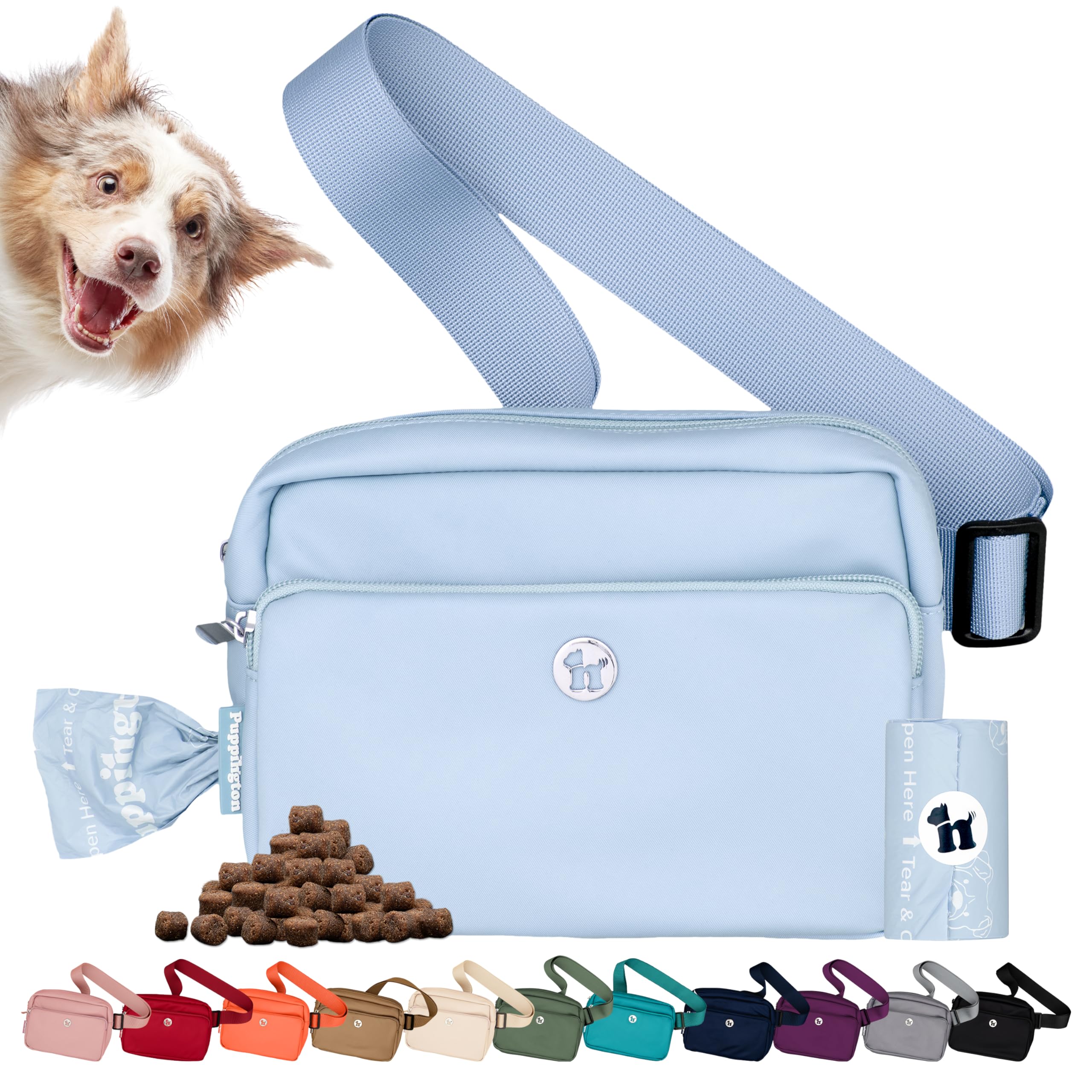 Puppington crossbody dog walking bag in ice blue for hands-free outings.